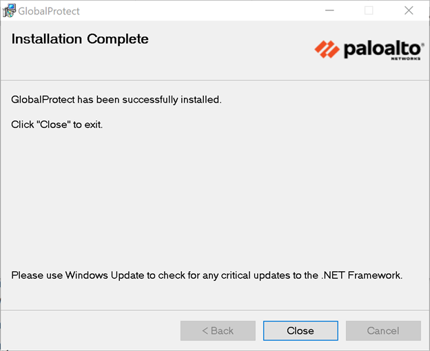 GlobalProtect Installer Wizard installation complete screen